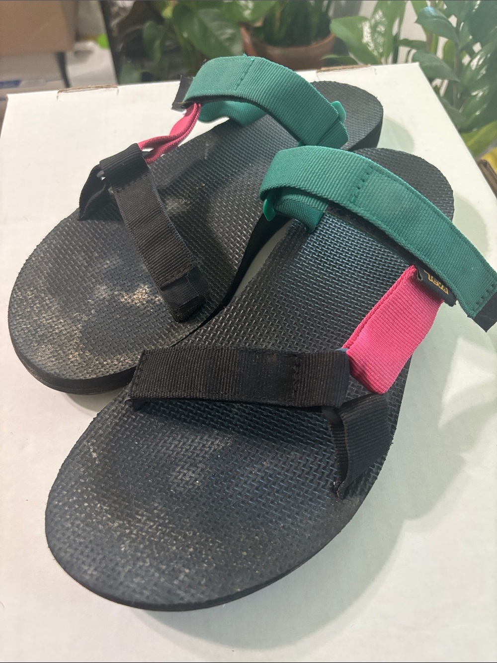 Teva Black Sandals with Green and Pink Straps